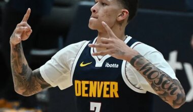 Denver Nuggets Trevon Brazile celebrates a three-pointer in overtime of the home opener against the Pelicans at Ball Arena on Saturday, Oct. 24, 2026. The Nuggets won in overtime. (Jerilee Bennett, The Gazette)