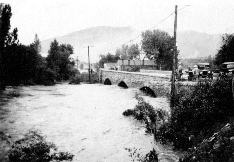 The second worst flood in Durango history occurred June 28 to 30, 1927; devastation was only surpassed by the October 1911 flood. The 1927 flood was caused by both rainfall and snowmelt. The Durango Evening Herald reported that the Animas Valley, for a distance of 15 miles above Durango, was under water. The river was half a mile to a mile wide in places. In Durango, the river overflowed the south end of the Main Street Bridge (between 15th and 16th streets, seen here), to a depth of several inches. (Courtesy of Ed Horvat for The Animas Museum, edhorvat@animasmuseum.org)