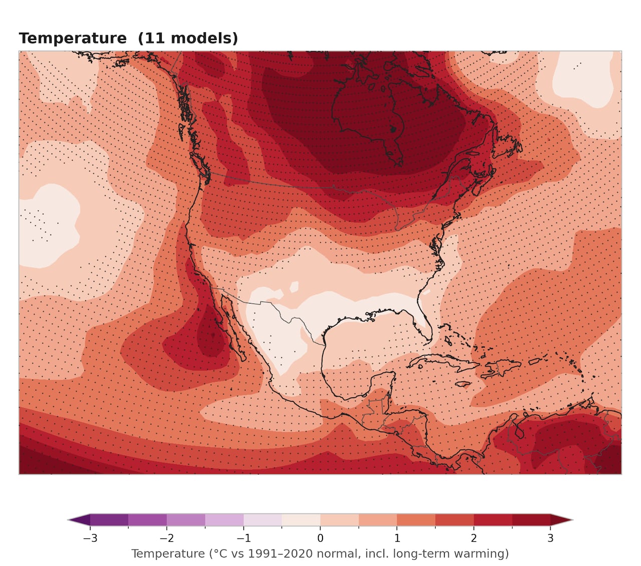 A map showing different shades of red to illustrate warmth.