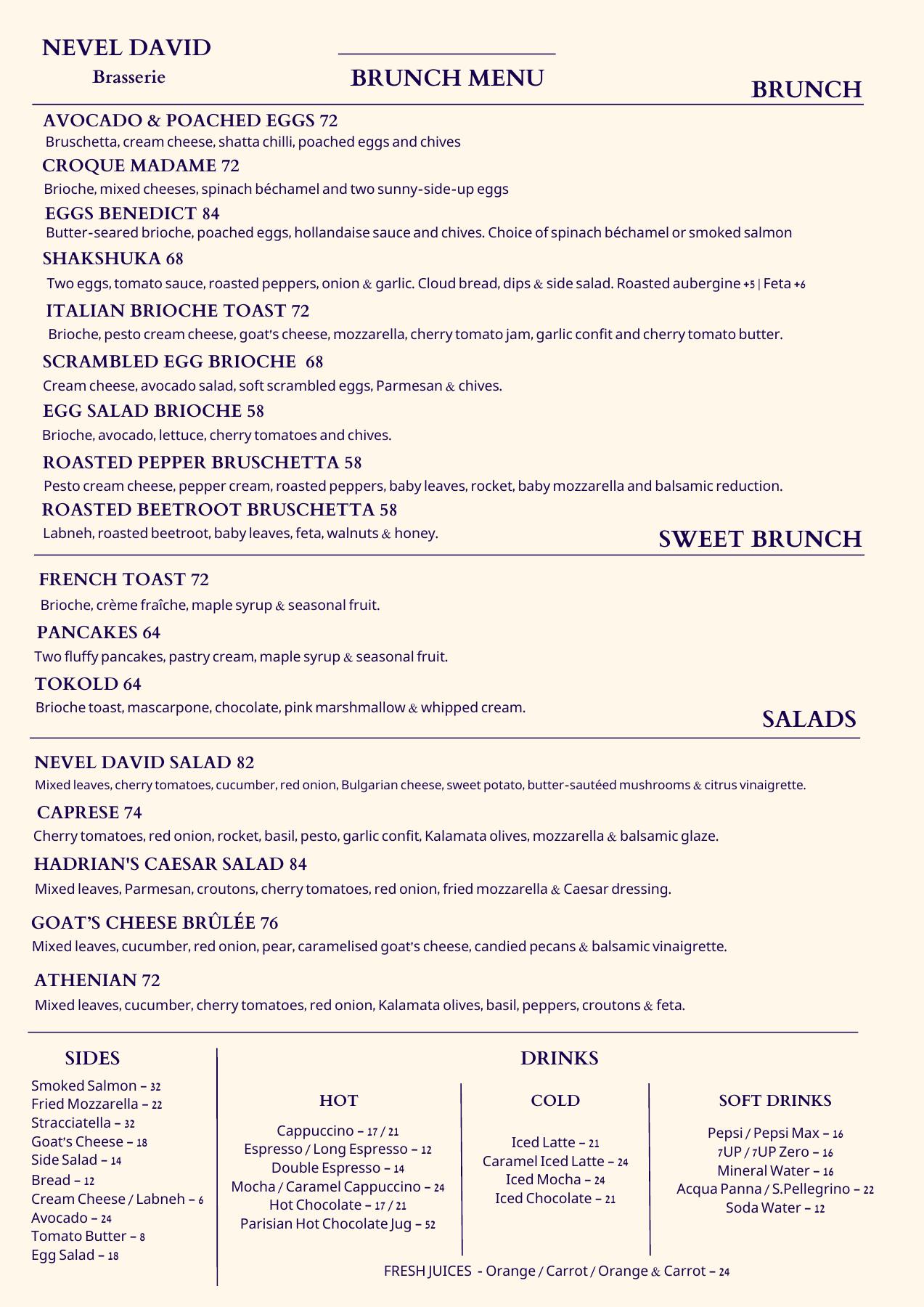 Nevel David Brasserie English brunch menu and prices