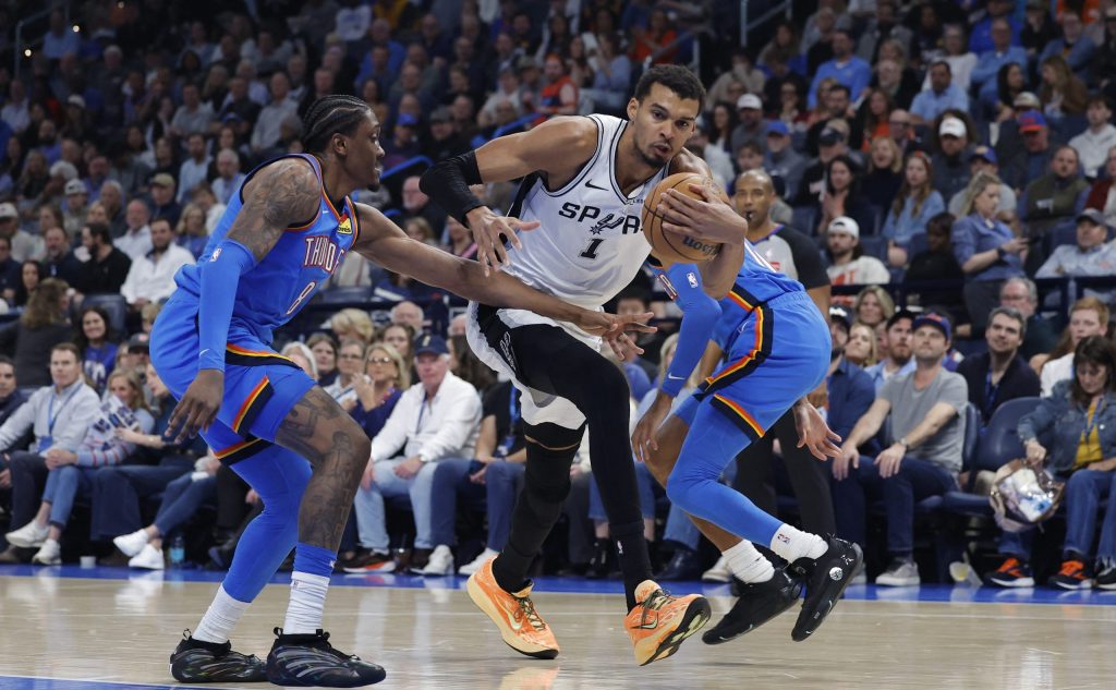 San Antonio Spurs star Victor Wembanyama drives to the hoop vs. the Oklahoma City Thunder.