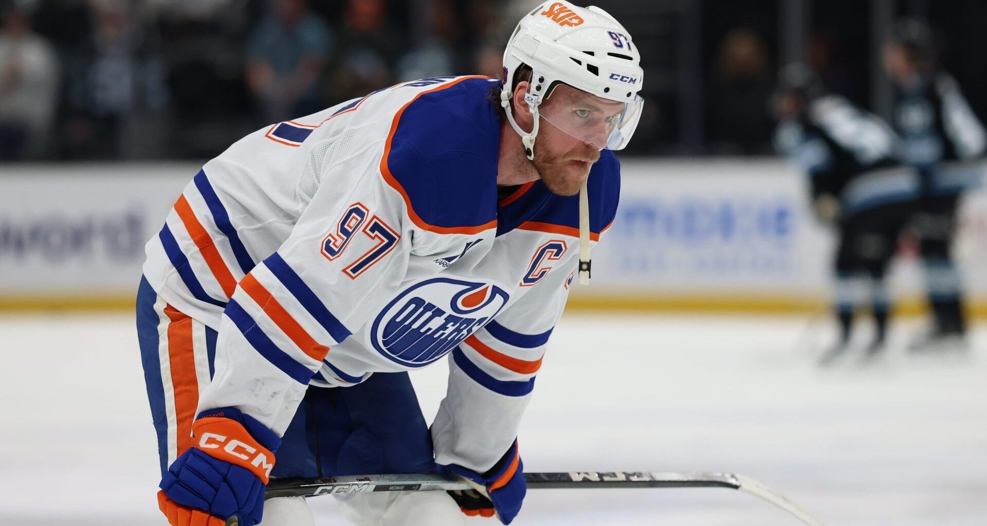 Apr 7, 2026; Salt Lake City, Utah, USA; Edmonton Oilers center Connor McDavid (97) warms up before a game against the Utah Mammoth at Delta Center.