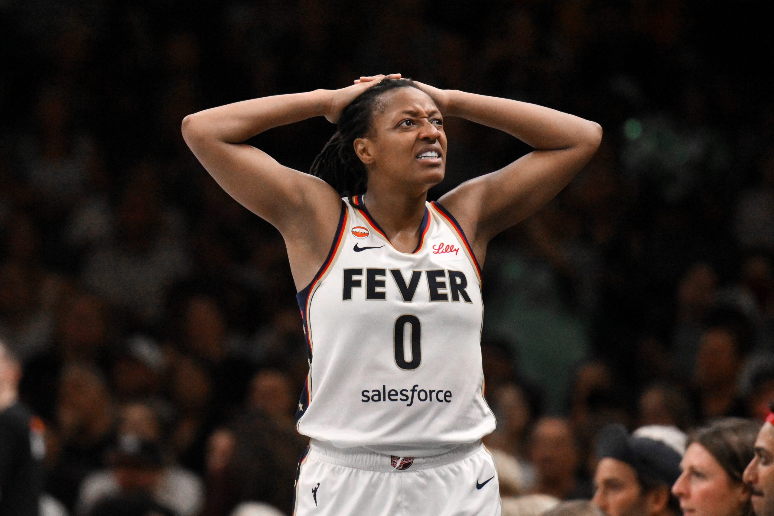 Indiana Fever guard Kelsey Mitchell (0) reacts during the second half against the New York Liberty
