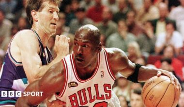 Michael Jordan of the Chicago Bulls goes to the basket past Jeff Hornacek of the Utah Jazz during game three of the 1998 NBA Finals