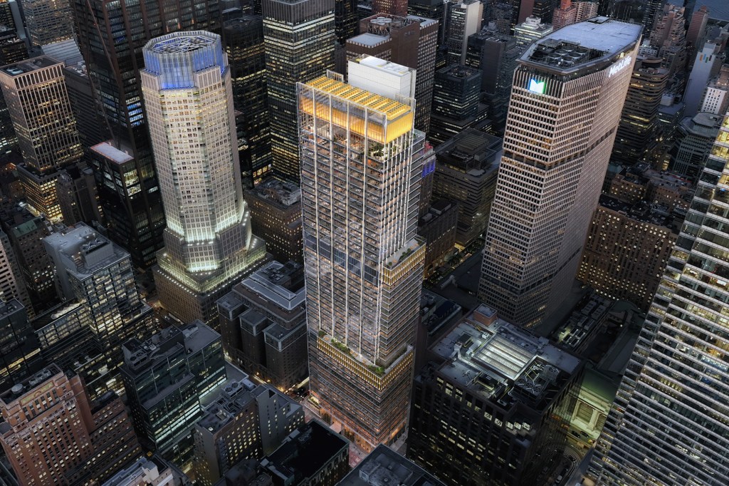Illustration of 343 Madison Avenue skyscraper amid surrounding buildings in New York City.