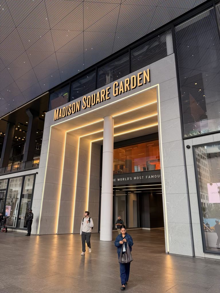Vertical view of Madison Square Garden’s Seventh Avenue entrance and illuminated sign