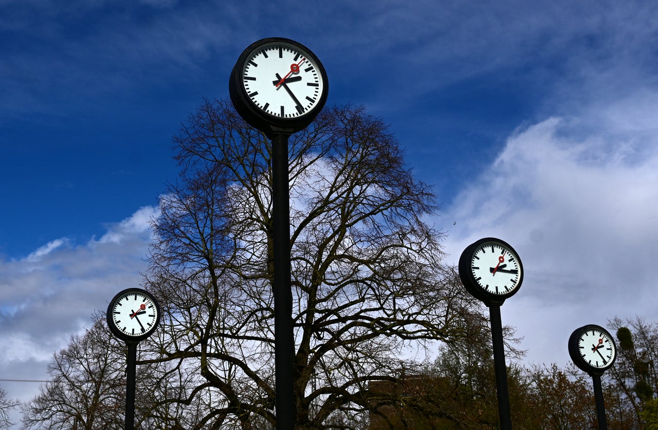 Clocks of the art installation 'Zeitfeld' (time field) by German artist Klaus Rinke are seen in Duesseldorf, western Germany, on 28 March, 2024 (AFP/Getty)