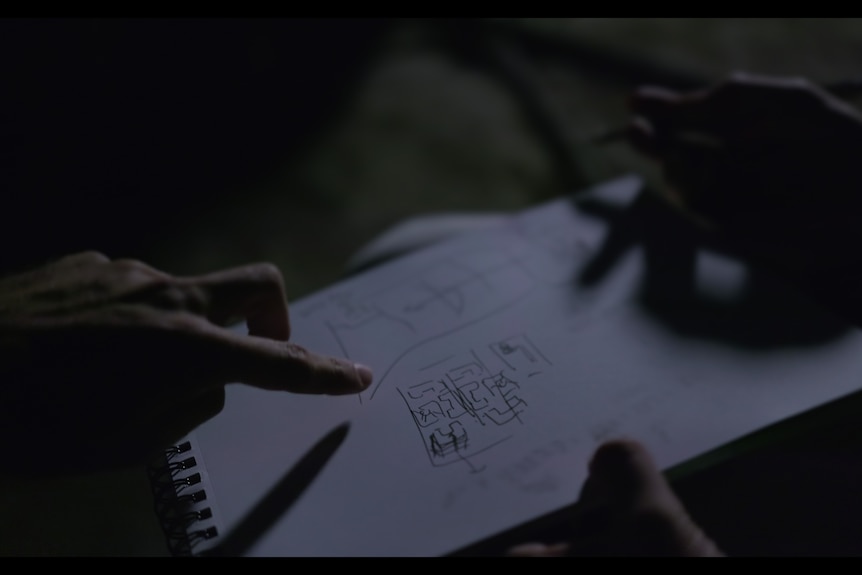 Two sets of hands point at a simple hand drawn map