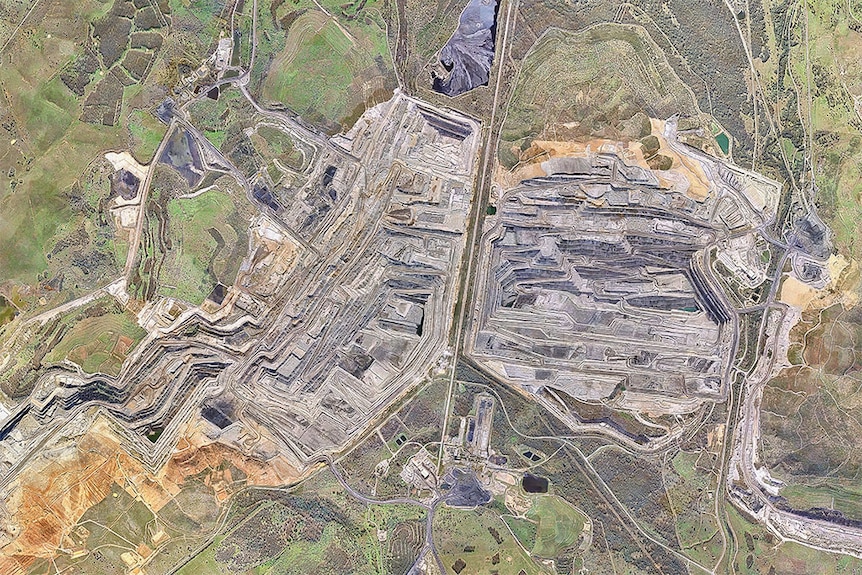 A satellite image of the Hunter Valley North coal mine near Singleton in the Upper Hunter region of New South Wales, Australia.