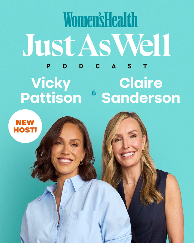 podcast cover for women's health just as well, featuring two hosts.