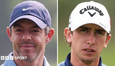 Split picture showing the faces of Rory McIlroy and Tom McKibbin, with both golfers wearing caps