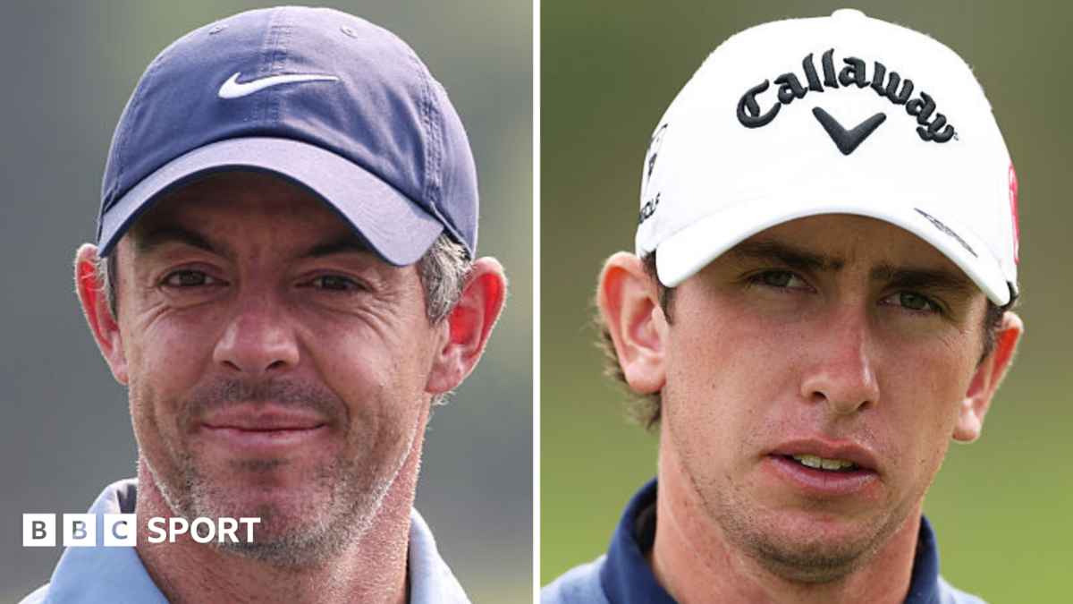 Split picture showing the faces of Rory McIlroy and Tom McKibbin, with both golfers wearing caps