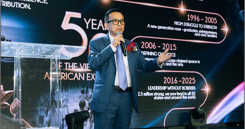 David Duong, Founder of California Waste Solutions, addresses attendees at a Vietnamese American Business Association (VABA) event celebrating 50 years of the Vietnamese American community in the United States and honoring its journey of resilience, achievement, and gratitude to America.