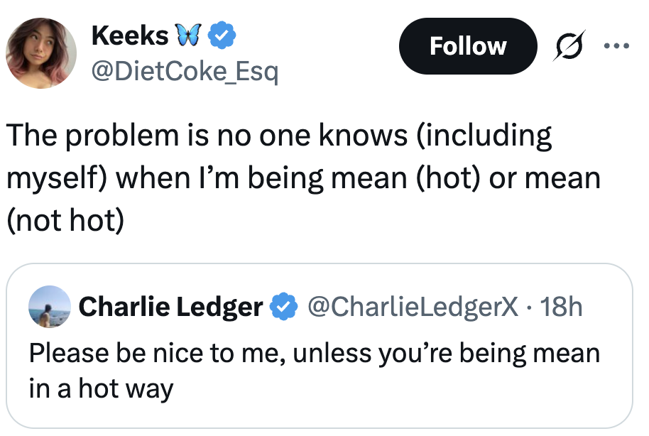 Tweet exchange discussing the ambiguity between being mean in an attractive way versus just being mean