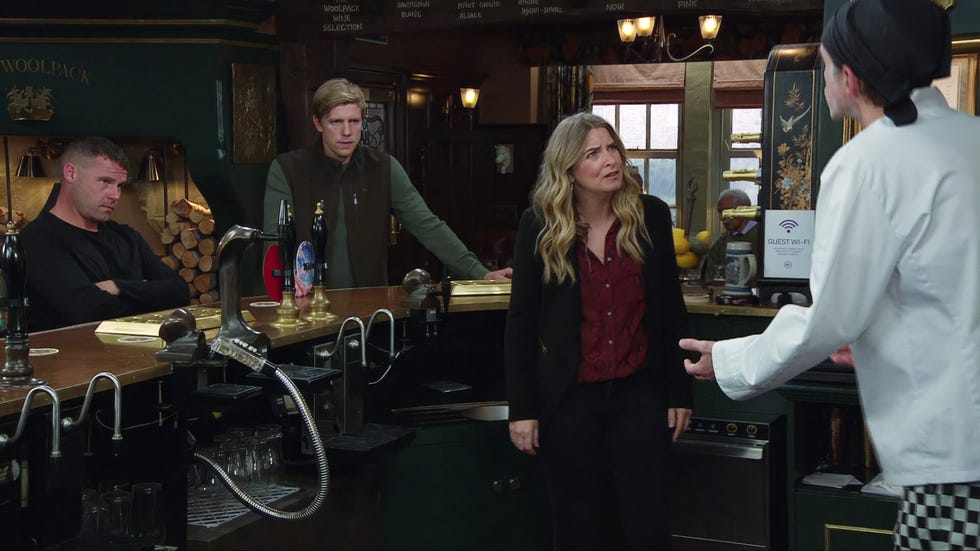 EMBARGOED UNTIL 27/10/2026 Aaron Dingle, Robert Sugden, Charity Dingle, Marlon Dingle, Emmerdale aaron dingle, robert sugden, charity dingle, marlon dingle, emmerdale