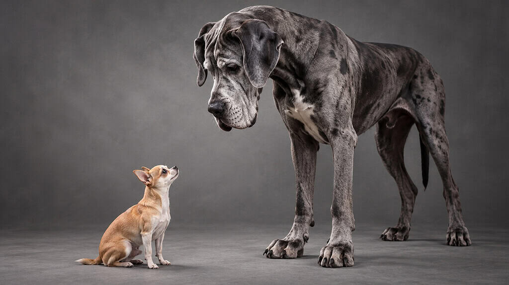 Image of a grey great Dane looking down at a brown chihuahua agaisnt a grey background