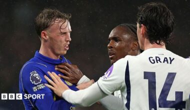 Cole Palmer pushes Spurs players after a late challenge