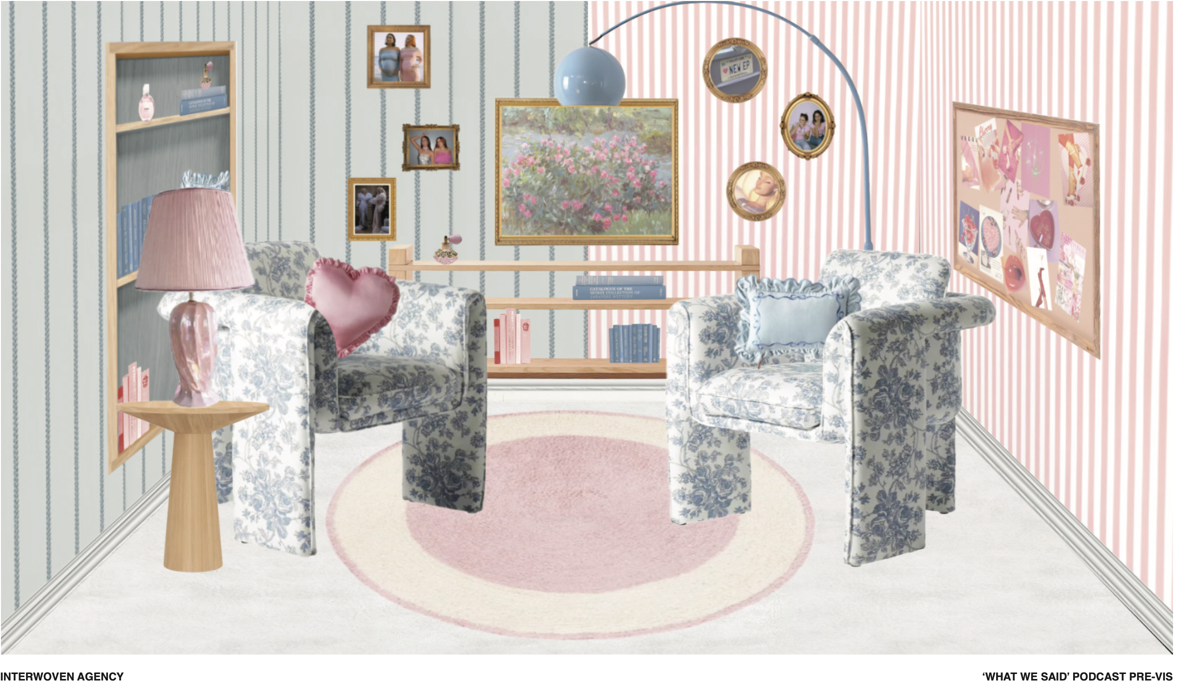 digital render of the What We Said studio with pink accents and floral chairs