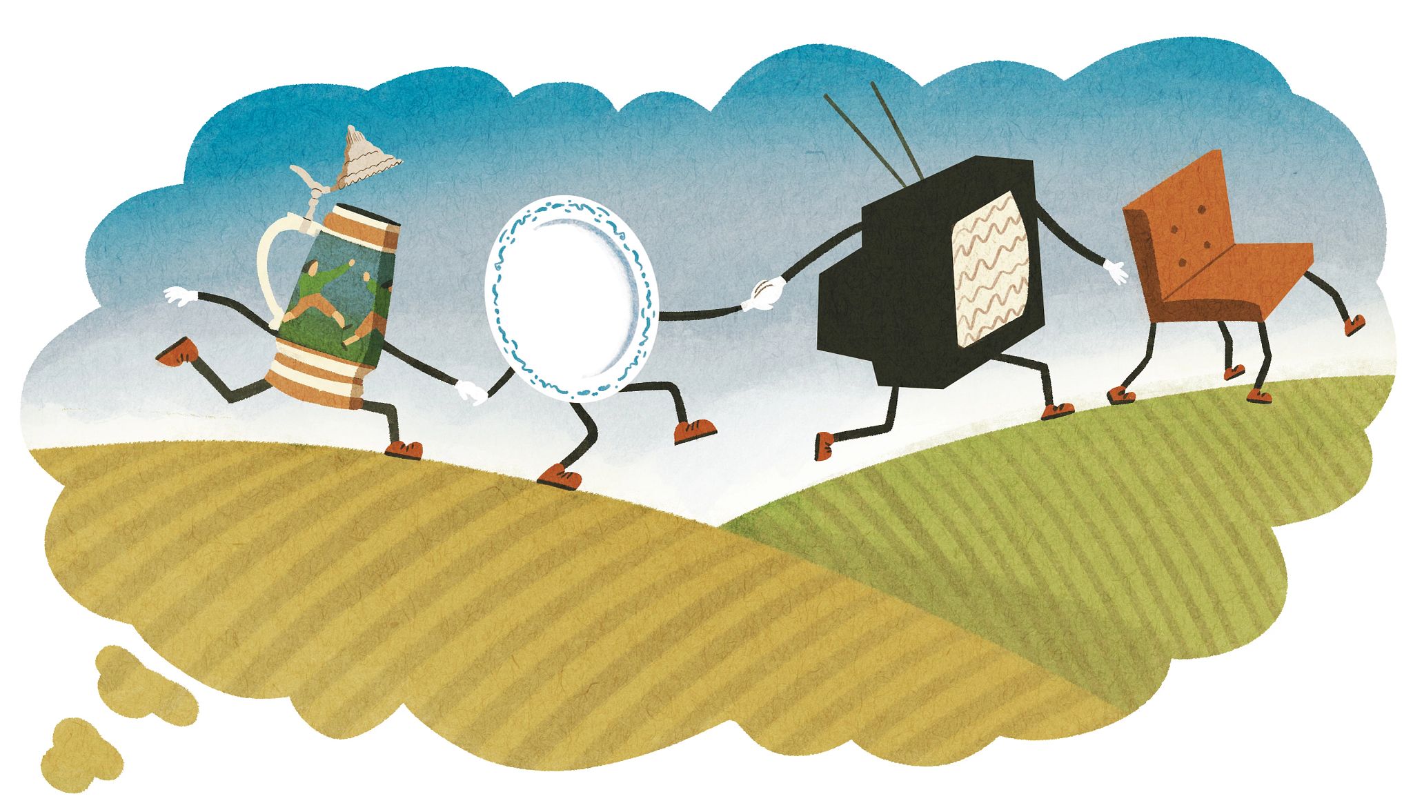 A happy send off for old stuff A beer stein, plate, old TV and a chair walk hand-in-hand through a hilly field