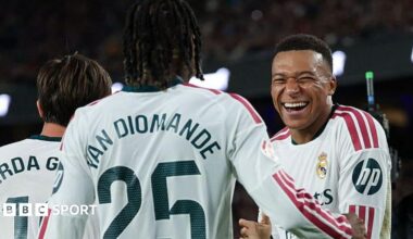 Kylian Mbappe celebrates a goal for Real Madrid against Barcelona