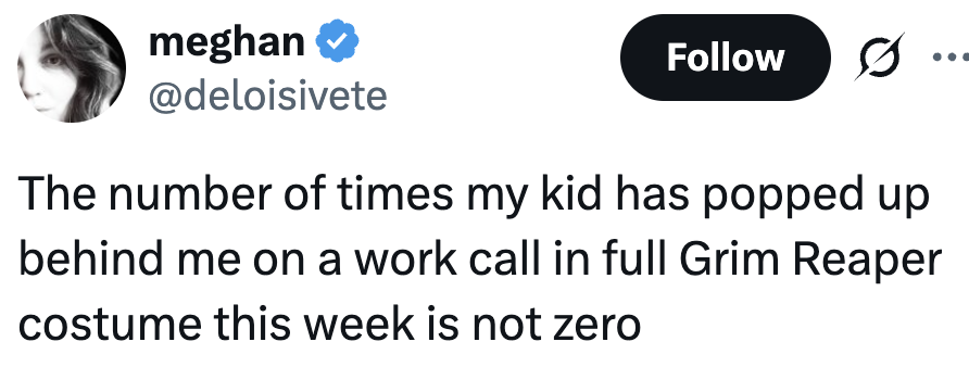 Tweet from Meghan saying her kid appeared on work calls in a Grim Reaper costume multiple times this week