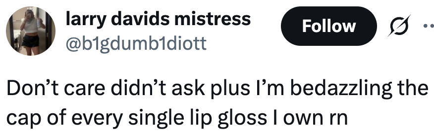 Twitter post with user humorously stating they're bedazzling all their lip gloss caps