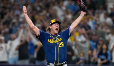 Milwaukee Brewers pitcher Trevor Megill celebrates after winning baseball's World Series, against the Tampa Bay Rays, Wednesday, Oct. 28, 2026, in St. Petersburg, Fla.