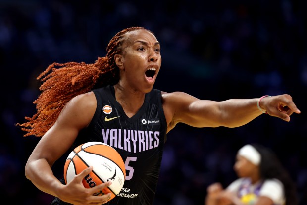 LOS ANGELES, CALIFORNIA - SEPTEMBER 24: Kayla Thornton #5 of the Golden State Valkyries reacts to a call during the second quarter against the Los Angeles Sparks at Crypto.com Arena on September 24, 2026 in Los Angeles, California. NOTE TO USER: User expressly acknowledges and agrees that, by downloading and or using this photograph, User is consenting to the terms and conditions of the Getty Images License Agreement (Photo by Katelyn Mulcahy/Getty Images)