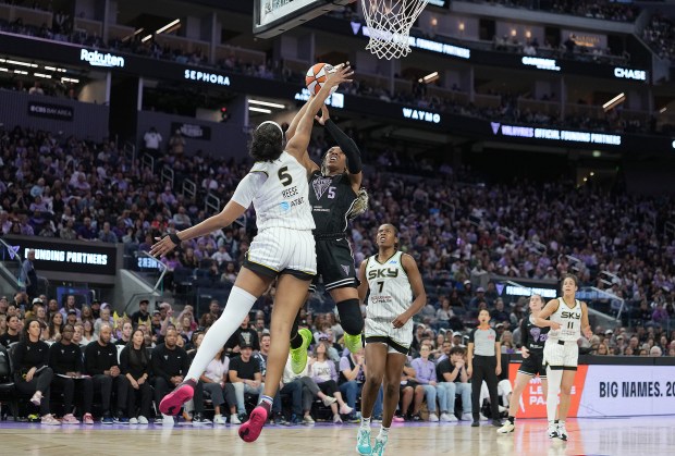 Kayla Thornton #5 of the Golden State Valkyries goes up to shoot over Angel Reese #5 of the Chicago Sky during the second half at Chase Center on June 27, 2025 in San Francisco, California. NOTE TO USER: User expressly acknowledges and agrees that, by downloading and or using this photograph, User is consenting to the terms and conditions of the Getty Images License Agreement. (Photo by Thearon W. Henderson/Getty Images)