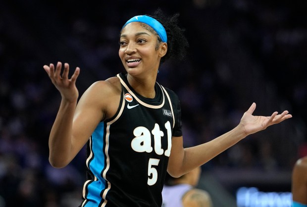 Angel Reese #5 of the Atlanta Dream reacts after a no call against the Golden State Valkyries during the second half at Chase Center on June 26, 2026 in San Francisco, California. NOTE TO USER: User expressly acknowledges and agrees that, by downloading and or using this photograph, User is consenting to the terms and conditions of the Getty Images License Agreement. (Photo by Thearon W. Henderson/Getty Images)