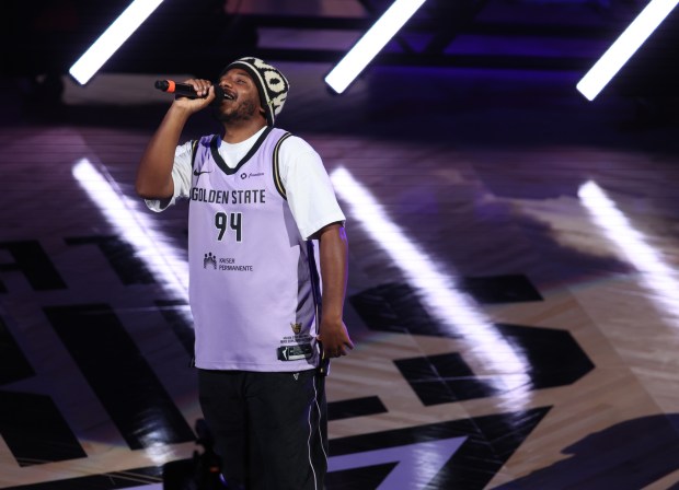 Rapper LaRussell, of Vallejo, performs in during halftime of Game 2 of the WNBA Finals at the Chase Center in San Francisco, Calif., on Monday, Oct. 19, 2026. (Jane Tyska/Bay Area News Group)