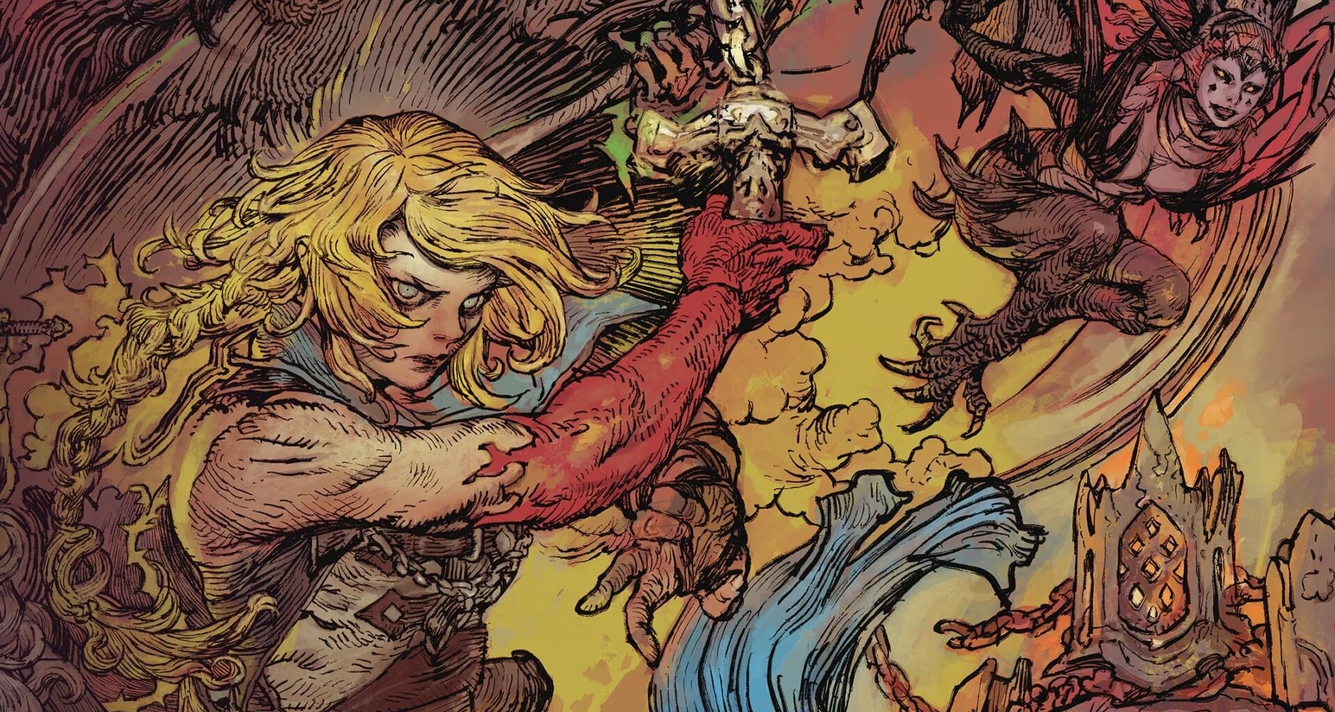 Art shows a woman fighting a Harpy.