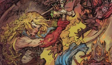 Art shows a woman fighting a Harpy.
