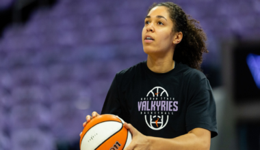 A woman wearing a black Golden State Valkyries basketball shirt holds a Wilson basketball, preparing to shoot, with an empty purple-seated background.