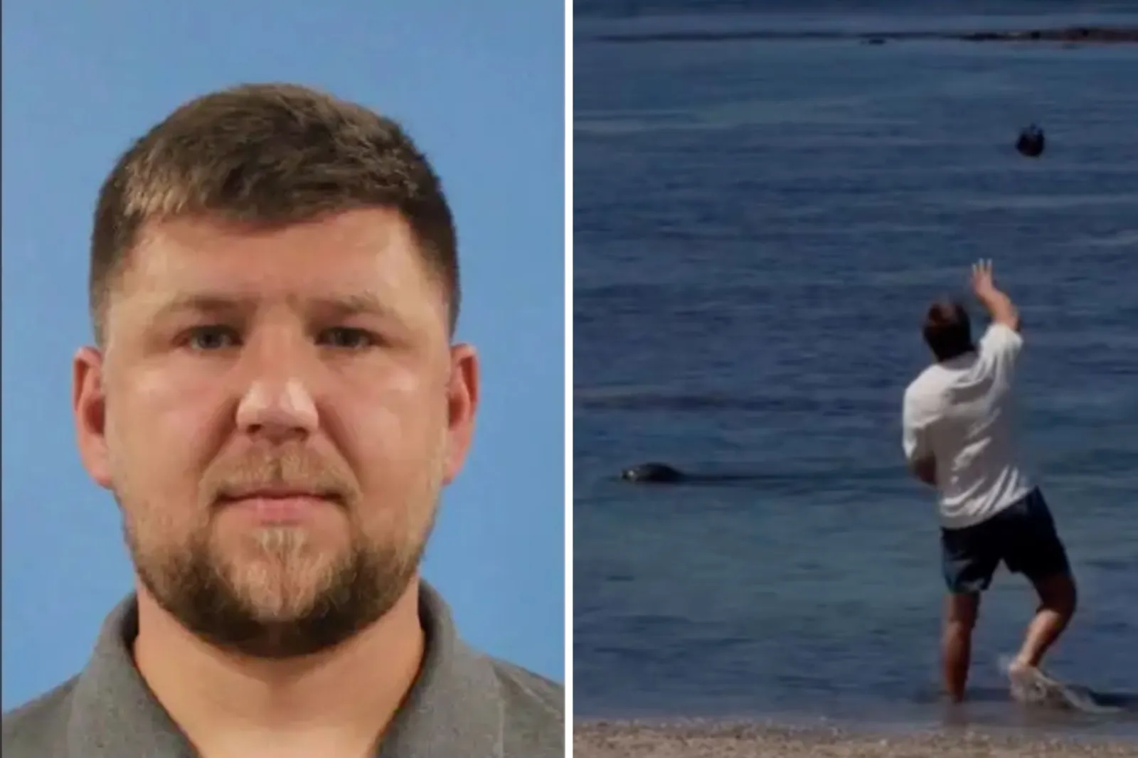 Igor Mykhaylovych Lytvynchuk. R: Screenshot from a video allegedly showing him throwing a rock at an endangered Hawaiian monk seal.