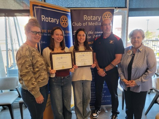 The Rotary Club of Media recently honored two Penncrest High School students as Students-of-the-Month. Pictured are, left to right, Media Rotary Past President Courtney Ballauer, students Mallory Hethnger and Kaitllyn Omlar, Penncrest Assistant Principal Joe Fuhr, and Media Rotary President Janice Millar-Lion. (COURTESY OF MEDIA ROTARY CLUB)