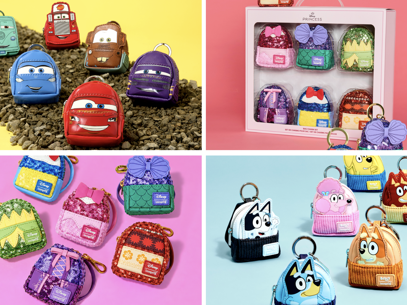 Disney Princess, Cars, and Bluey Mini Backpack Bag Charms Available Online from Loungefly