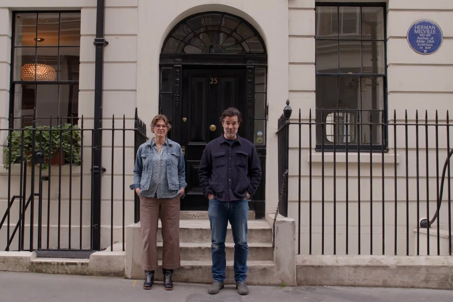 Hester Blum and Rob Delaney outside 25 Craven St. in London, the historic house where Herman Melville lived for several weeks in late 1849.
