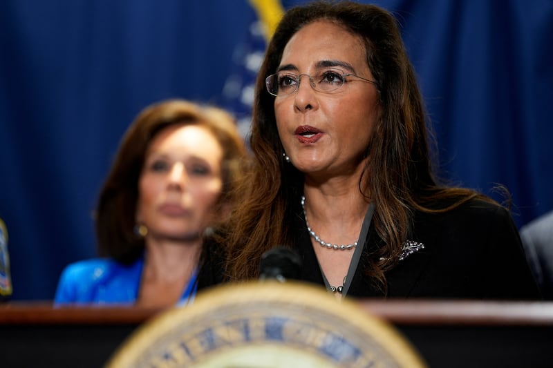 Assistant Attorney General for Civil Rights Harmeet Dhillon speaks about Elias Rodriguez, suspected of fatally shooting two Israeli embassy staff members outside the Capital Jewish Museum, at the Justice Department in Washington, D.C., U.S., August 7, 2025.