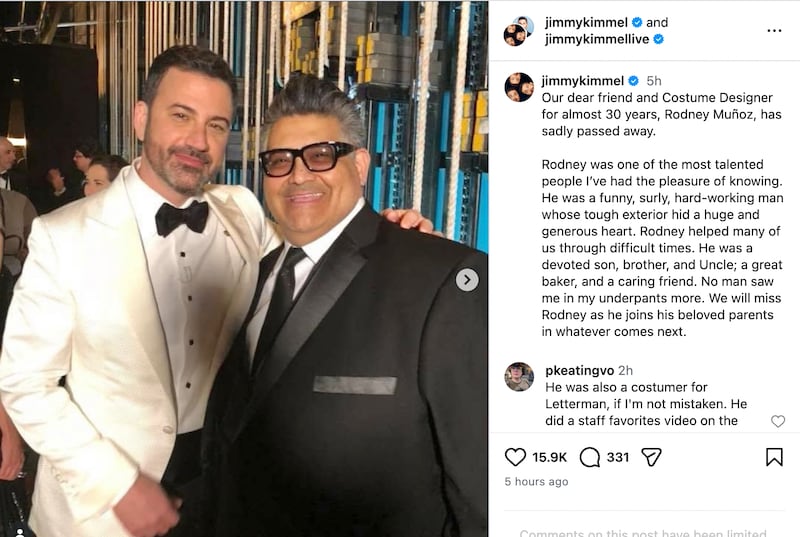 Jimmy Kimmel pays tribute to his friend, costume designer Rodney Munoz.