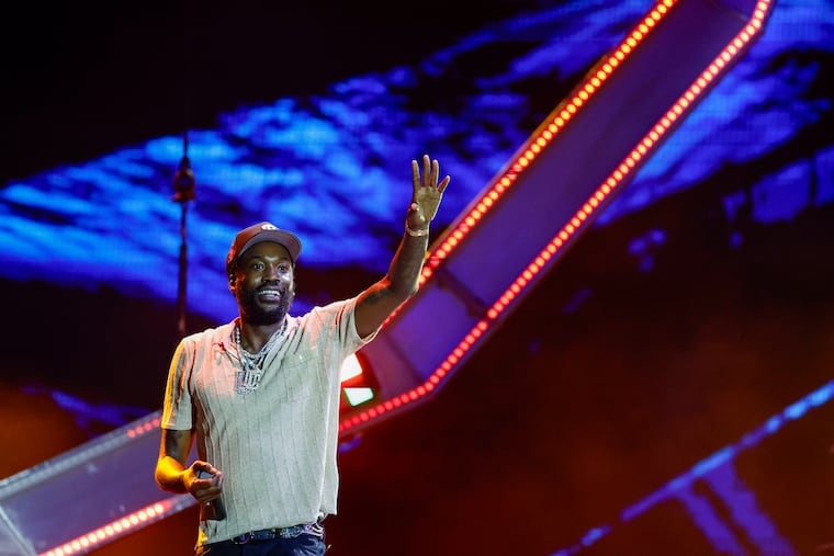 Philadelphia-born rapper Meek Mill on stage during the One Philly: Unity Concert for America on the Benjamin Franklin Parkway Sunday, July 5, 2026, in Philadelphia.