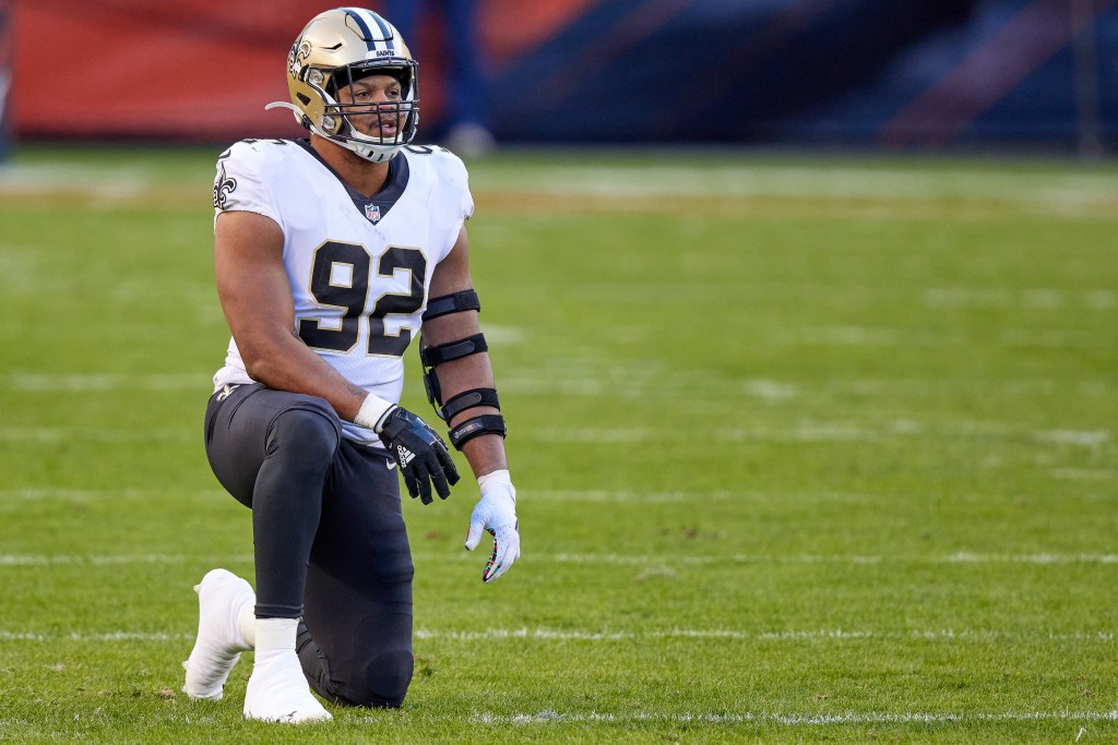 New Orleans Saints defensive end Marcus Davenport (92) looks on in action during a game between the Chicago Bears and the New Orleans Saints on November 01, 2020 at Soldier Stadium, in Chicago, IL. 