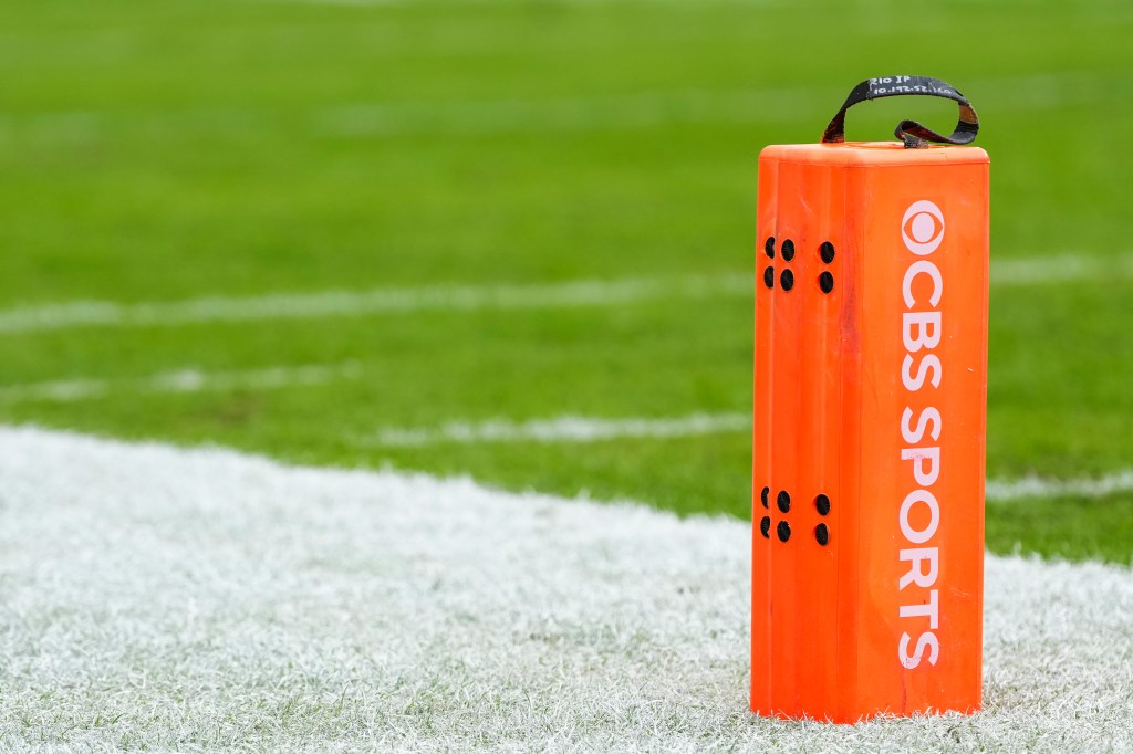 CBS end zone pylon during an NFL football game between the New England Patriots and the Tampa Bay Buccaneers