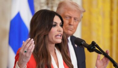 Kimberly Guilfoyle speaks as President Donald Trump listens at a reception celebrating Greek Independence Day in the East Room of the White House, March 24, 2025, in Washington. (AP Photo/Jacquelyn Martin, File)