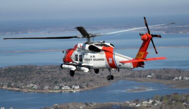 A US Coast Guard helicopter shown flying over Cape Cod in a file photo, as the Coast Guard searches for a missing air ambulance.