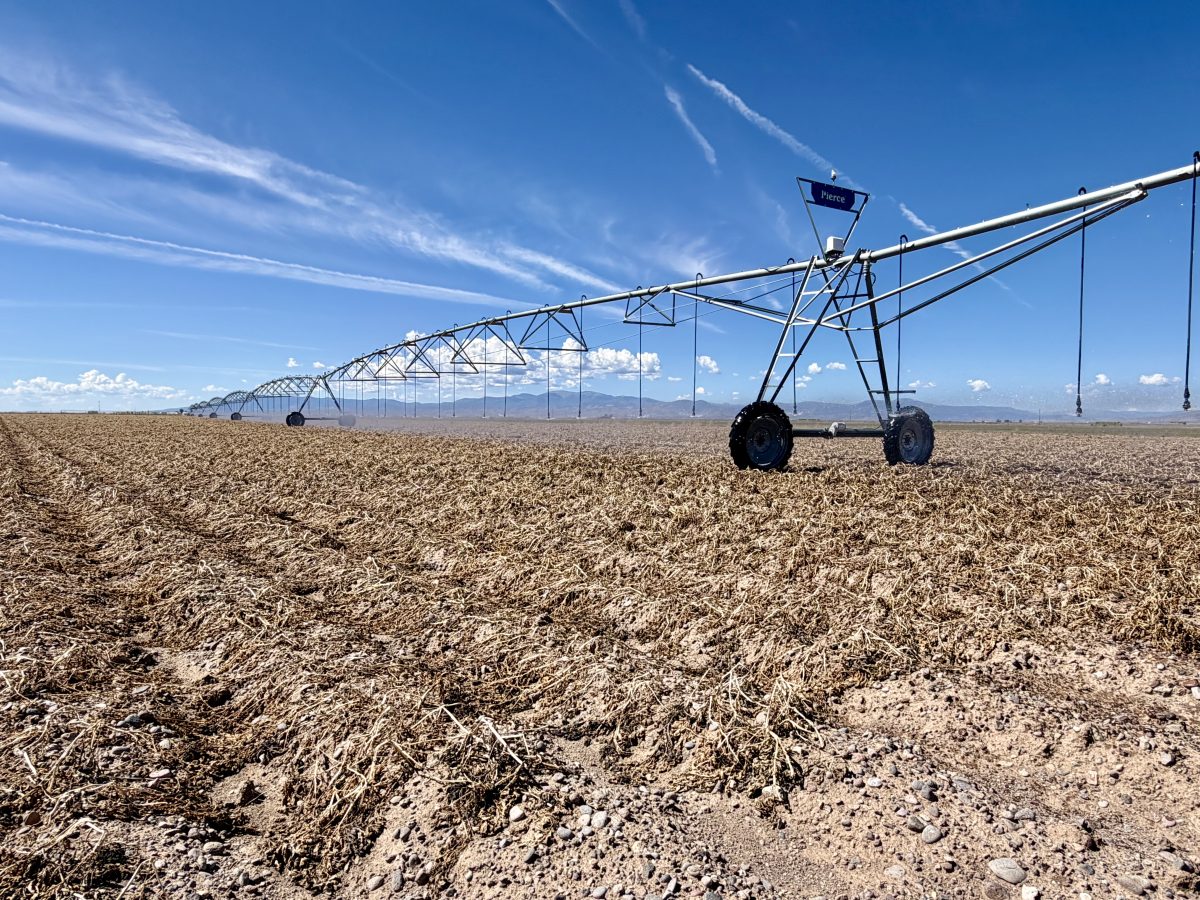 A center pivot irrigation system extends over a dry, plowed field under a clear blue sky with distant mountains in the background.