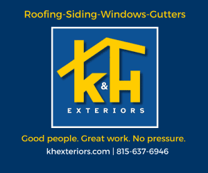 K&H Exteriors logo on blue background with yellow K&H letters in a white square; services read 'Roofing-Siding-Windows-Gutters' above and contact line below.