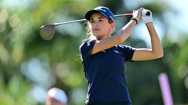 Amateur Kai Trump of the United States plays her shot from the 16th tee during the first round of The ANNIKA driven by Gainbridge at Pelican 2025 at Pelican Golf Club on November 13, 2025 in Belleair, Florida