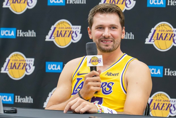 Lakers star Luka Doncic listens to questions from reporters during the team's annual preseason media day on Monday, Sept. 28, 2026, at UCLA Health Training Center in El Segundo. (Photo by Rob Curtis, Contributing Photographer)