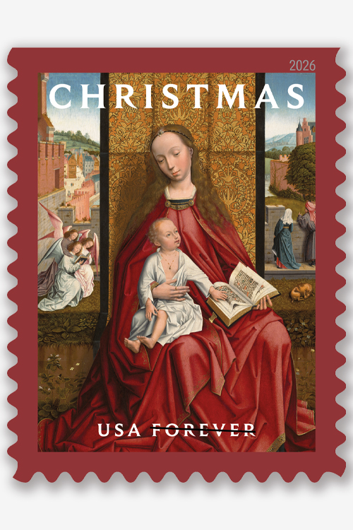 A stamp showing a painting of the Virgin Mary wearing red and holding the Christ child in her lap